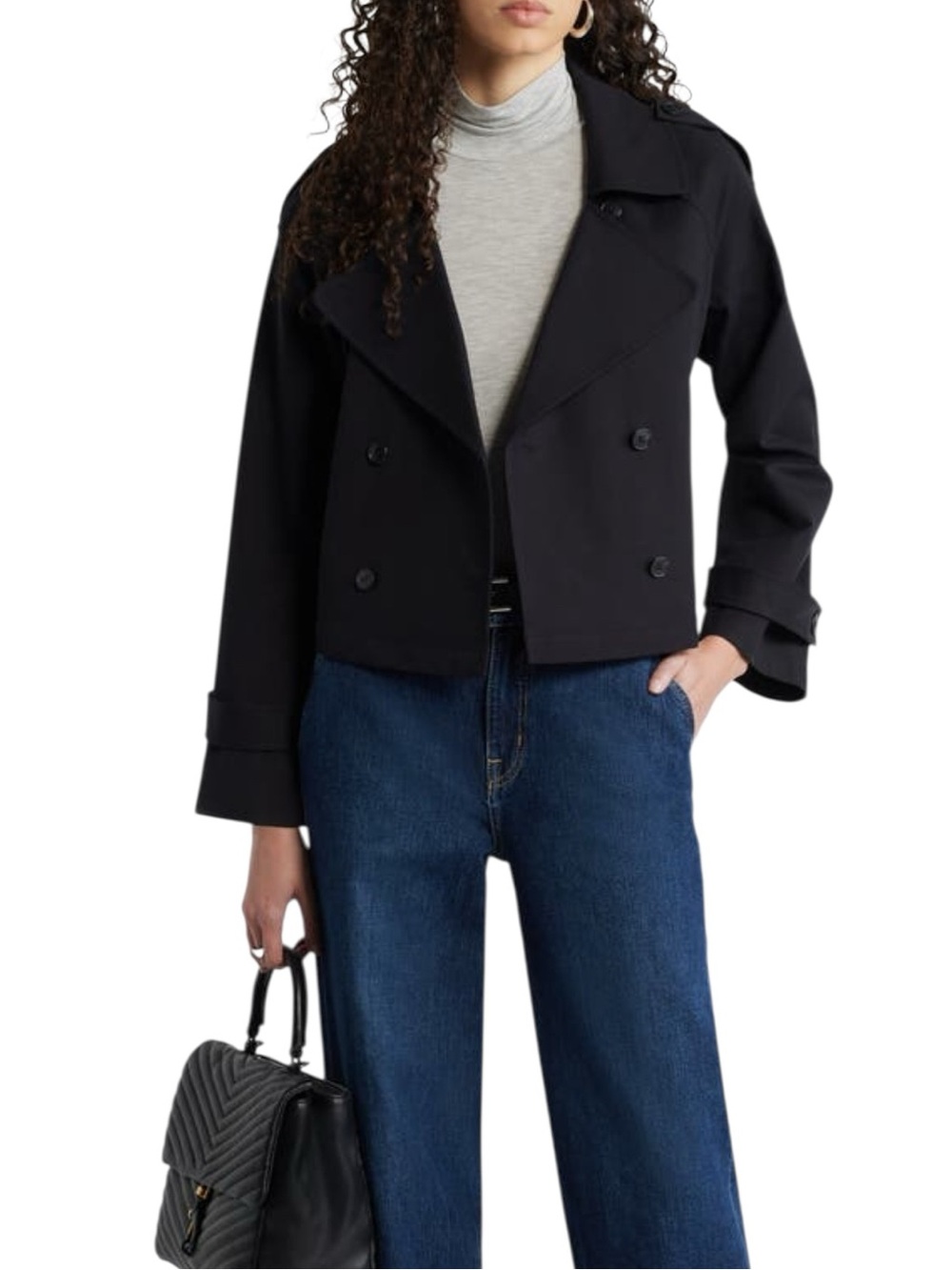 Nordstrom Crop Stretch Cotton Trench Coat in Black Size M NWOT